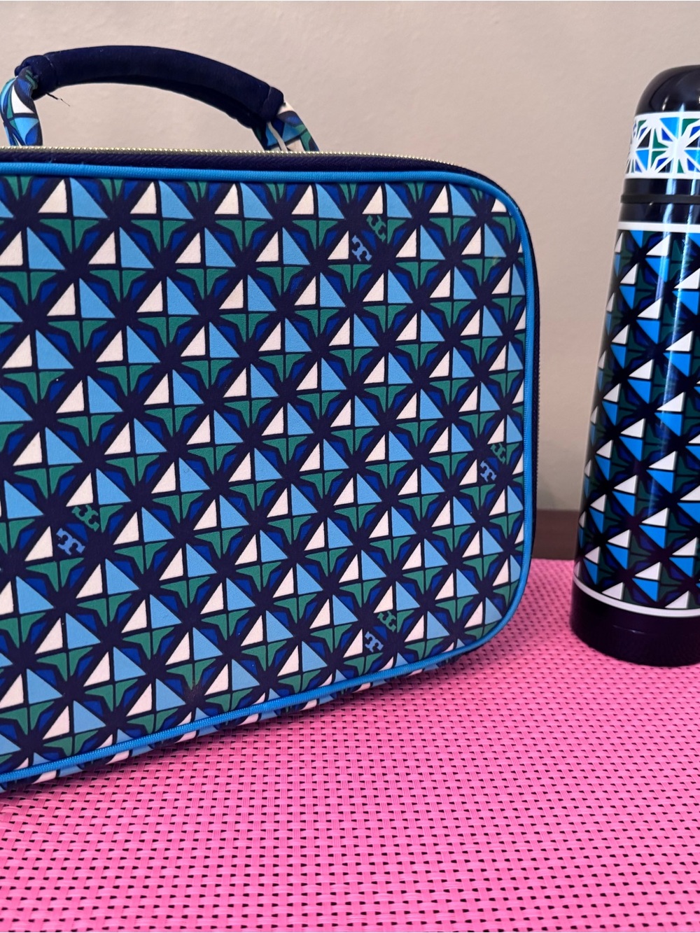 Tory Burch lunch box & thermos Navy, Blue and Green Geometric Pattern